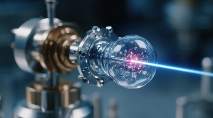 Scientific laser beam equipment with glass sphere and particle effects. Advanced optical technology for laboratory research, quantum physics experiments, and precision industrial applications.