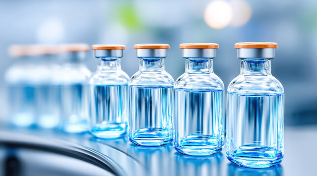 Medical vials and pharmaceutical bottles with orange caps in laboratory setting. Healthcare vaccine production, medicine manufacturing, and clinical research for treatment and immunization.