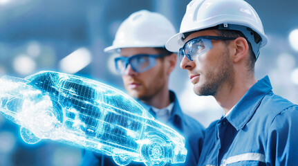 Automotive engineers with safety helmets analyzing digital car hologram wireframe model. Virtual reality technology for vehicle design and development. Industrial innovation, engineering concept.