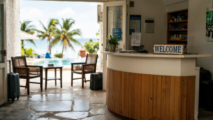 Simple modern reception desk in a tropical hotel with palm leaves outside, symbol of relaxing vacation