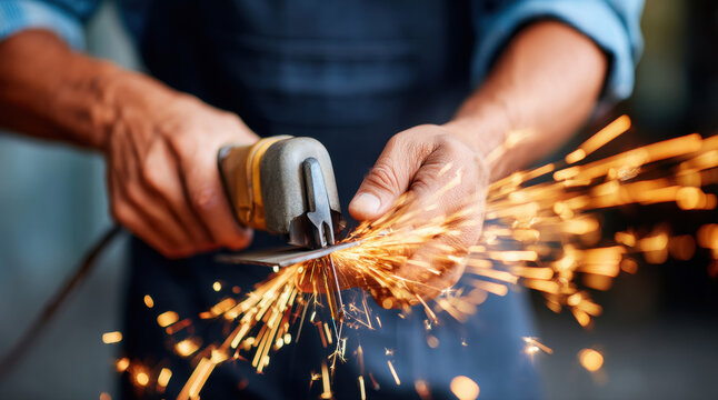 Metal grinding with sparks flying from angle grinder tool. Industrial workshop fabrication process with professional metalwork craftsmanship and manufacturing equipment in action.