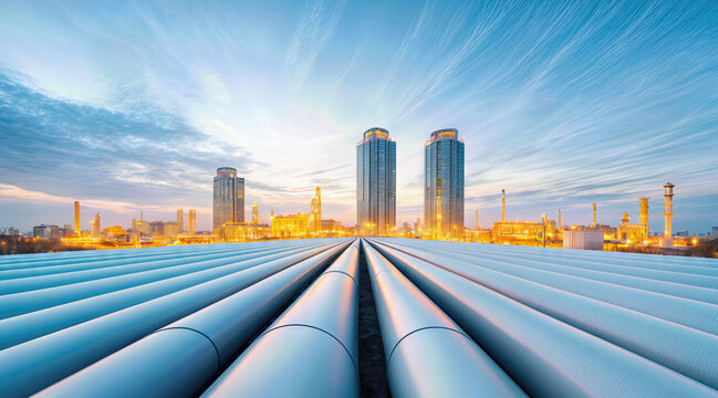 Industrial oil and gas pipelines extending toward urban skyline at sunset. Energy infrastructure transmission system with refinery facilities. Petroleum industry, fuel distribution concept.