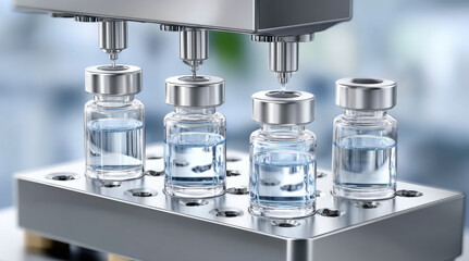 Automated pharmaceutical machinery filling glass vaccine vials with aluminum caps. Medical manufacturing equipment for drug production and packaging. Healthcare biotechnology, medicine industry