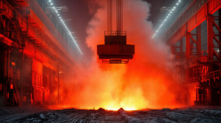 Steel foundry with molten metal, intense orange glow from furnace. Industrial manufacturing facility, heavy machinery, smelting process. Hot liquid production in factory plant.