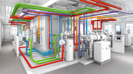 Hvac system with colorful pipes, heating cooling ventilation equipment. Building mechanical infrastructure, climate control technology. Industrial facility engineering installation.