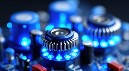 Circuit board with illuminated blue led lights. Electronic components, microchips, processors on motherboard. Computer hardware technology, digital electronics engineering. Modern semiconductor