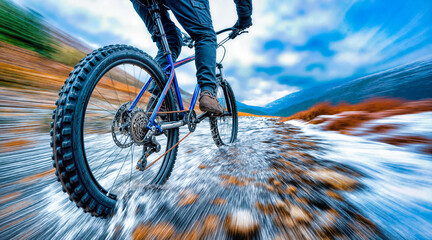 Naklejka premium Dynamic mountain bike cycling through snowy terrain with motion blur effect. Fast paced outdoor adventure sport speed, movement, energy. Perfect for fitness, recreation, extreme sports concepts.