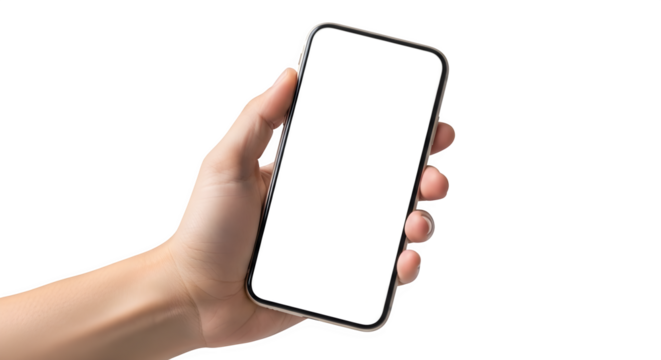 Hand Holding a Modern Smartphone with a Blank Screen, for App Presentation on transparent background