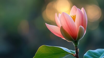 Obraz premium Delicate Pink Flower Blooming Against Soft Green Background