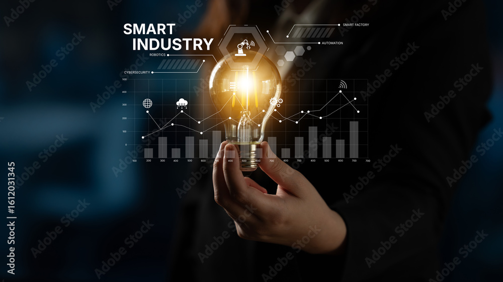 Poster smart industry dashboard combining automation, robotics, cloud integration, cybersecurity, and data 