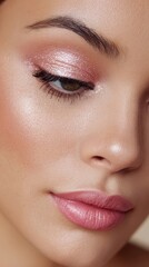 Close-up of woman with guava-toned makeup and shimmering eyelids