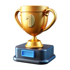 3d golden trophy with number 1 and blue plaque isolated on transparent background