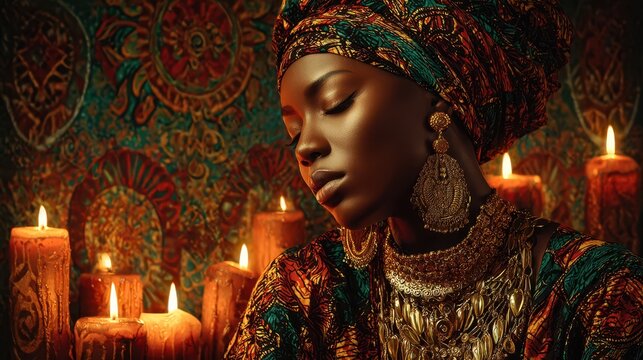 Elegant woman in traditional African attire with candles for Kwanzaa