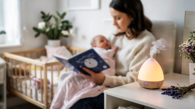 An aroma diffuser on a bedside table releasing essential oils in a cozy room, with a young mother and her child in the background, concept of Aromatherapy - Powered by Adobe