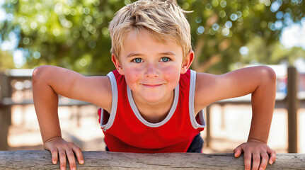 Athletic blonde boy doing pushup exercise outdoors in red tank top. Young child fitness training at playground with sunny bokeh background. Healthy active lifestyle.