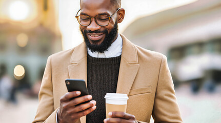 Professional businessman with beard and glasses using smartphone while holding coffee cup outdoors. Modern corporate lifestyle with mobile technology and takeaway beverage.
