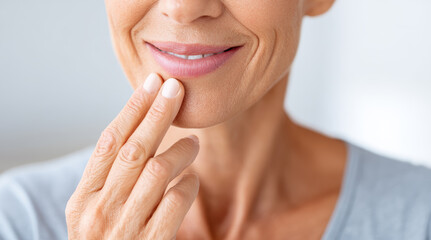 Fototapeta premium Mature woman gently touching face with hands, demonstrating natural skincare routine. Elegant portrait focuses on healthy aging, beauty wellness, anti treatment concepts. Serene facial expression