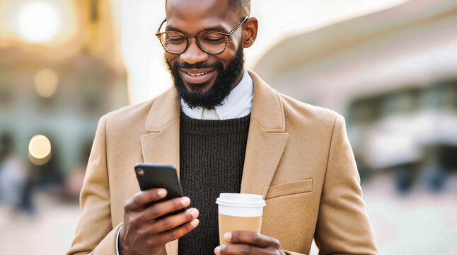 Professional businessman with beard and glasses using smartphone while holding coffee cup outdoors. Modern corporate lifestyle with mobile technology and takeaway beverage.