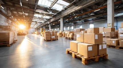 Large industrial warehouse with cardboard boxes stacked on wooden pallets. Bright distribution facility with natural sunlight for logistics operations and supply chain management activities.