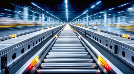 Speed automated conveyor belt system with motion blur in modern industrial facility. Advanced manufacturing technology for efficient production workflow and material transport operations.