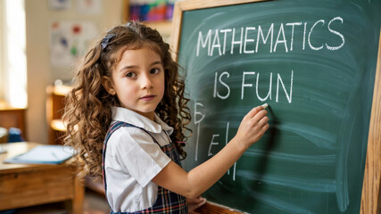 Brunette student girl with curly hair doing math at the board, concept of learning and school activity