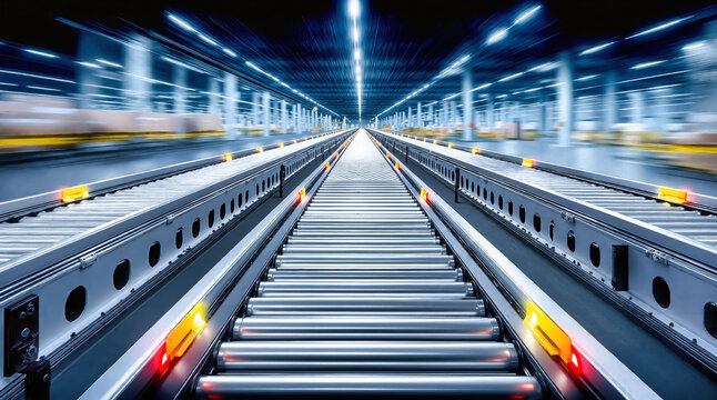 Speed automated conveyor belt system with motion blur in modern industrial facility. Advanced manufacturing technology for efficient production workflow and material transport operations.