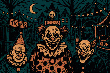 Comic-style Halloween scenes with bold lines and solid colors