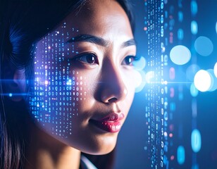 Woman with digital face overlay (1)