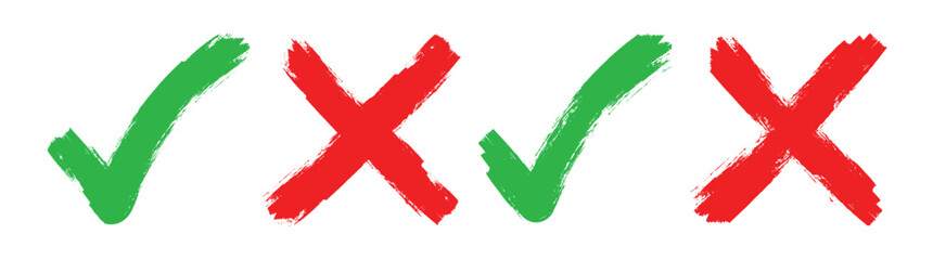 Obraz premium Set hand drawn check mark, tick and cross brush signs, checkmark OK and X icons, symbols YES and NO button, sketch checkmarks, - stock vector