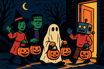 Comic-style Halloween scenes with bold lines and solid colors