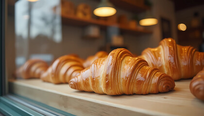 Freshly baked croissants displayed on wooden shelf in cafe  