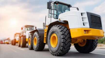 Obraz premium Heavy construction wheel loader with large tires on industrial site. Yellow and white earthmoving equipment for mining, projects, and commercial development operations.