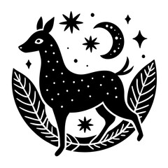 Playful black-and-white vector illustration of a whimsical horse with dots, surrounded by stars, a bird, a globe, and travel icons in a surreal, minimalist style