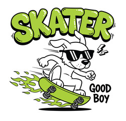 Cartoon Skater Dog on Skateboard T-shirt Vector Illustration © mehedizisan