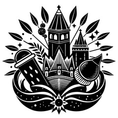 Playful black-and-white vector illustration of a whimsical horse with dots, surrounded by stars, a bird, a globe, and travel icons in a surreal, minimalist style