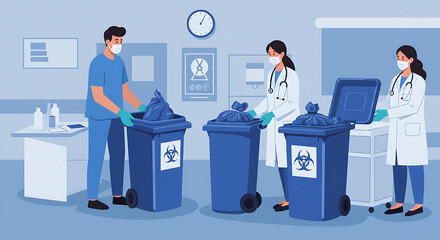 hospital waste disposal, biohazard bins, medical staff handling hazardous materials, clean environment, hygiene and sanitation protocols, gloves and masks, safe waste handling

