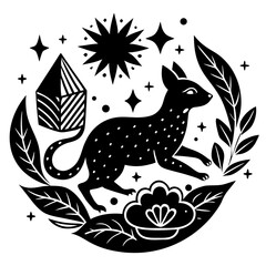 Playful black-and-white vector illustration of a whimsical horse with dots, surrounded by stars, a bird, a globe, and travel icons in a surreal, minimalist style