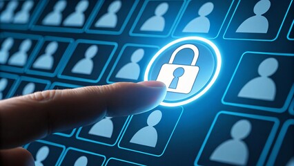Human finger touches glowing padlock icon touching