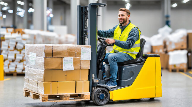 Smiling warehouse worker operating yellow forklift with cardboard boxes on pallet. Industrial logistics, storage facility operations, cargo handling equipment in distribution center.