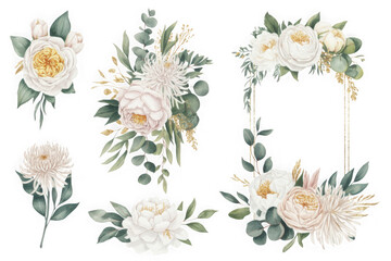 Elegant watercolor floral arrangements featuring white peonies and eucalyptus on a black background