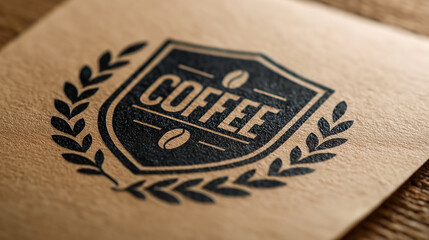 Shield-shaped artisanal coffee shop logo with vintage style on textured paper