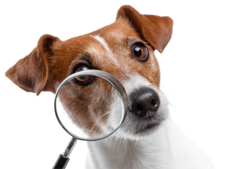 A Jack Russell terrier dog looking through a magnifying glass, isolated a white background