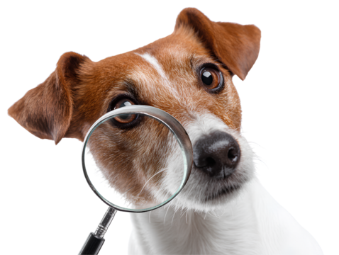 A Jack Russell terrier dog looking through a magnifying glass, isolated a white background