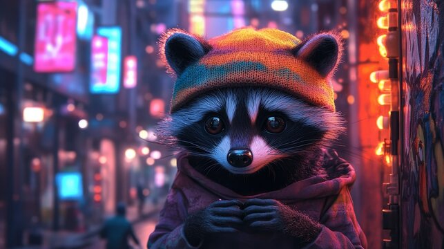Raccoon in beanie hat in cyberpunk city street art neon lights digital art ai generated image wallpaper background