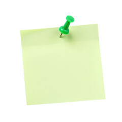 A single yellow sticky note secured with a green thumbtack isolated on transparent background