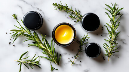 Flatlay of Amber Jars of Yellow Candle and Rosemary Sprigs on Marble Surface with Black Peppercorns