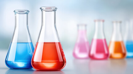 Colorful chemical solutions in laboratory flasks for scientific research. Chemistry experiments with blue, red, orange liquids in glassware for pharmaceutical analysis and biotechnology testing.