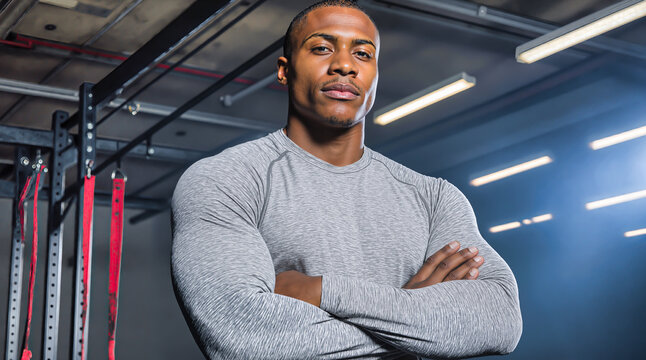 Athletic man with crossed arms at modern gym facility. Confident fitness trainer in grey workout shirt poses among exercise equipment. Strong muscular athlete demonstrates dedication and power.