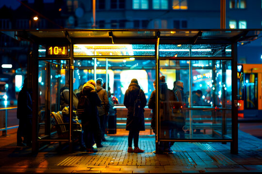 A crowded bus stop with commuters waiting for their ride. - Powered by Adobe