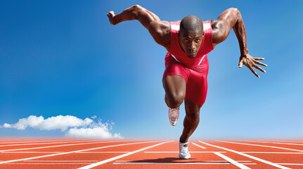 Athletic sprinter in red uniform starts race on track field against blue sky. Professional runner demonstrates speed, power, determination. Competition athletics sport fitness training activity.